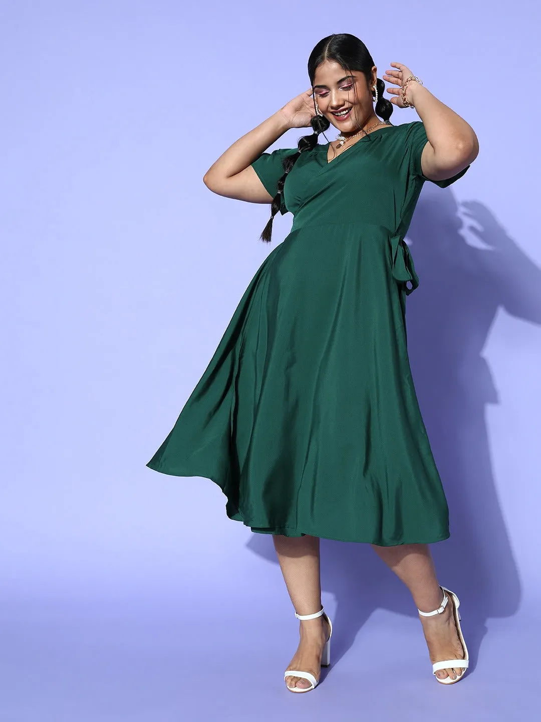 Berrylush Women Plus Size Solid Green V-Neck Slit Sleeve Waist Tie-Up Crepe Flared Wrap Midi Dress