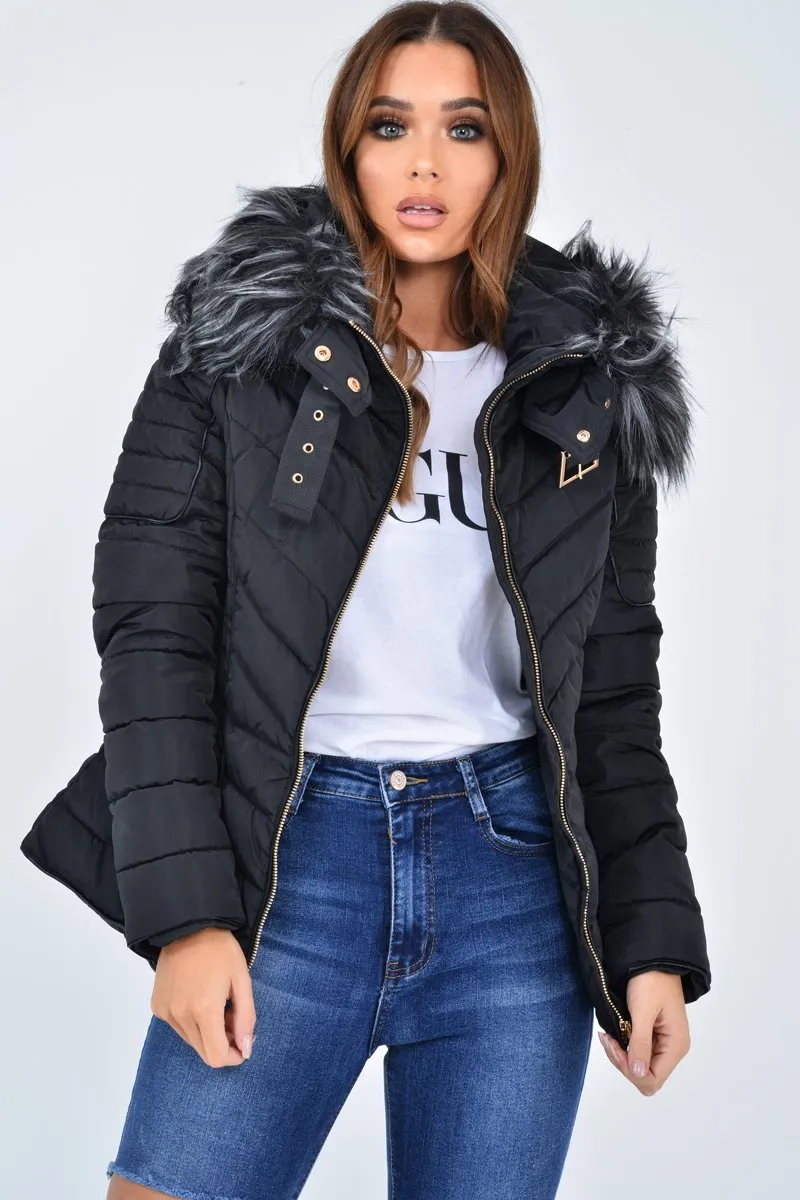 Black Faux Fur Hood Gold Detail Puffer Coat - Rylah