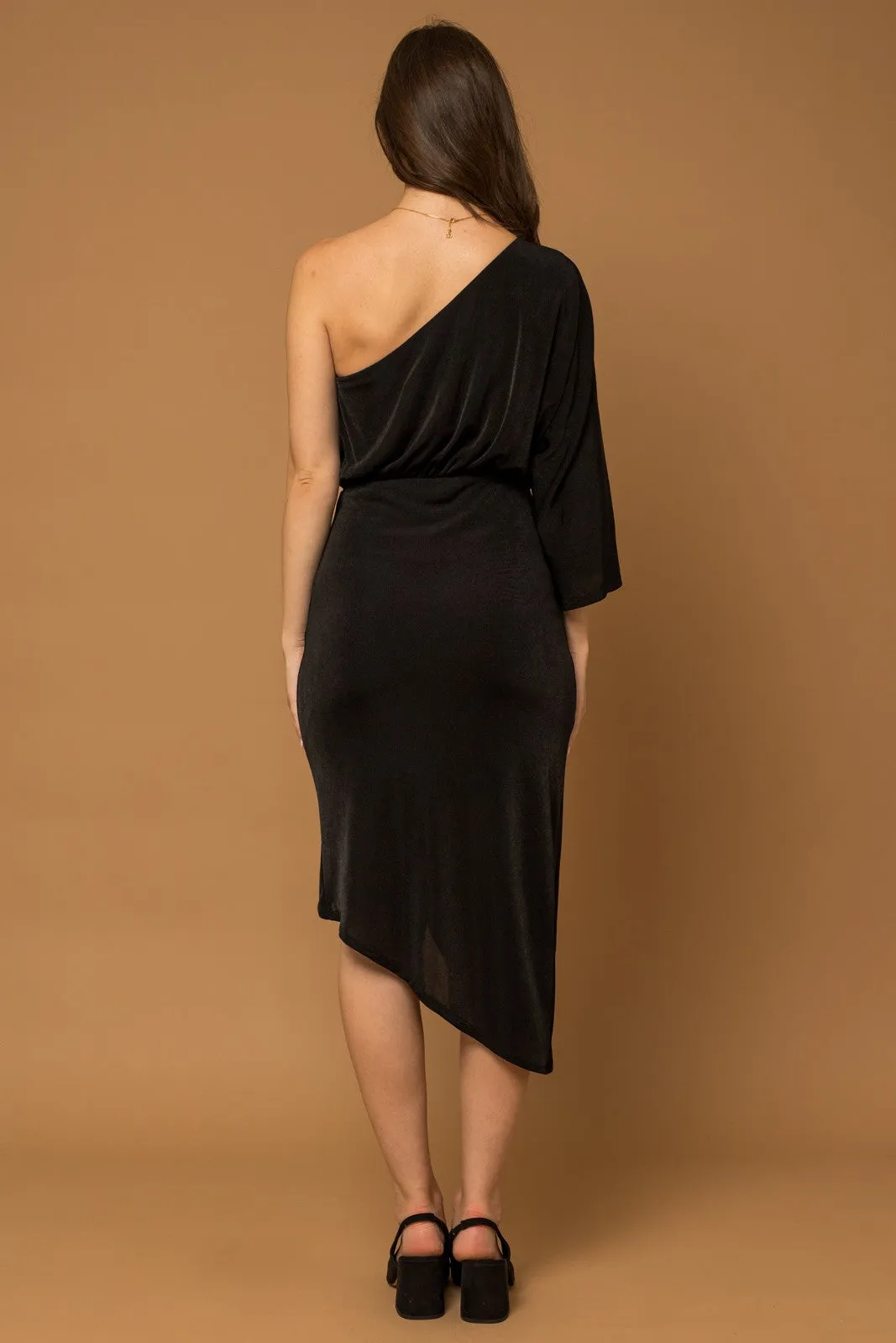 Black One Shoulder Wrap Midi Dress - Final Sale