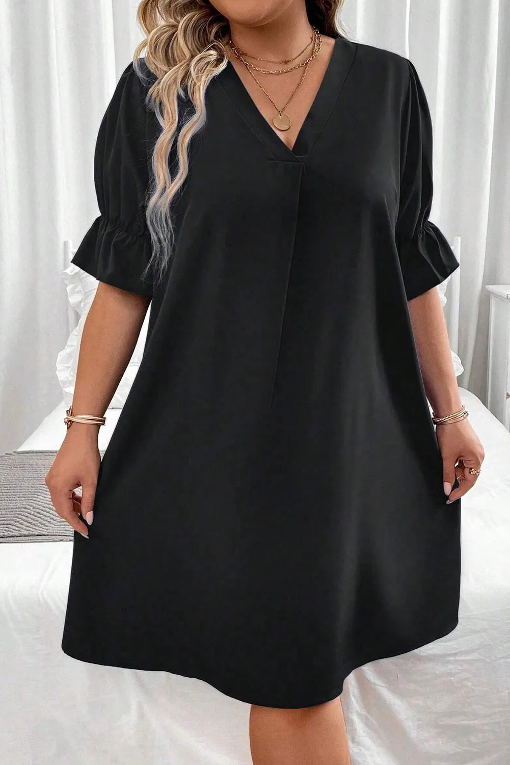 Black Solid Ruffled Puff Sleeve V Neck Plus Size Mini Dress