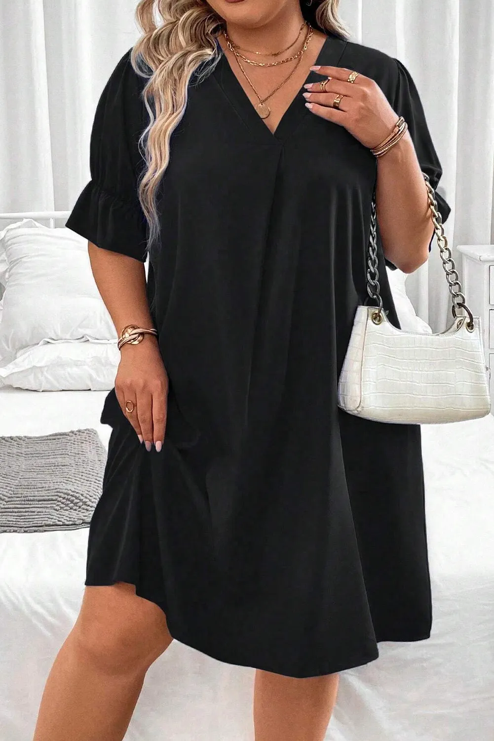 Black Solid Ruffled Puff Sleeve V Neck Plus Size Mini Dress