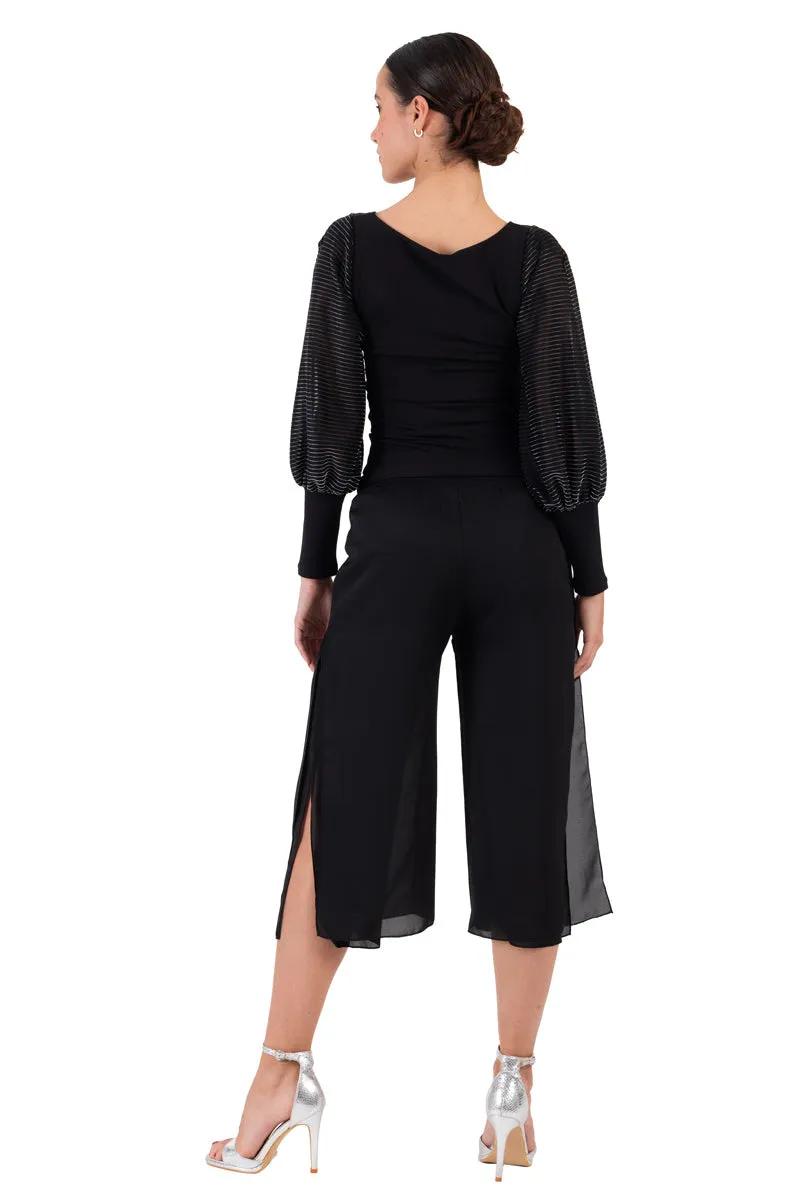 Black Top With Long Lamé Split Sleeves