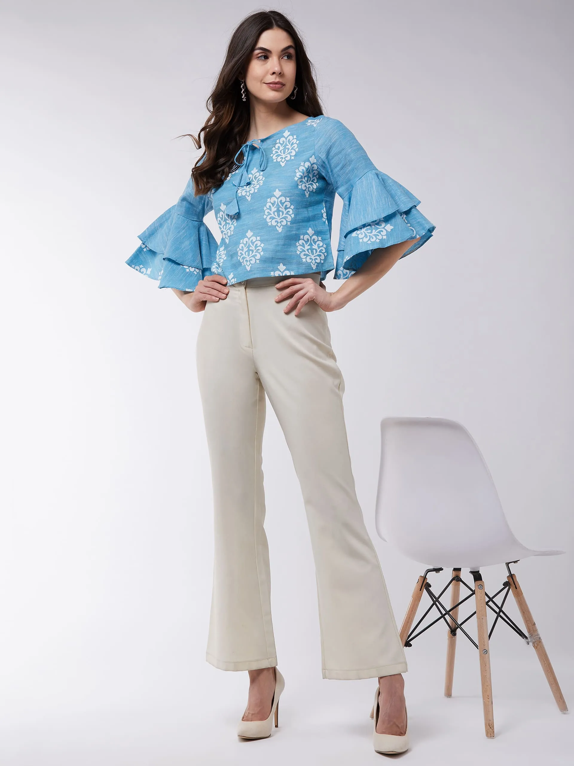 Block Printed Chambray Top With Bell Sleeves