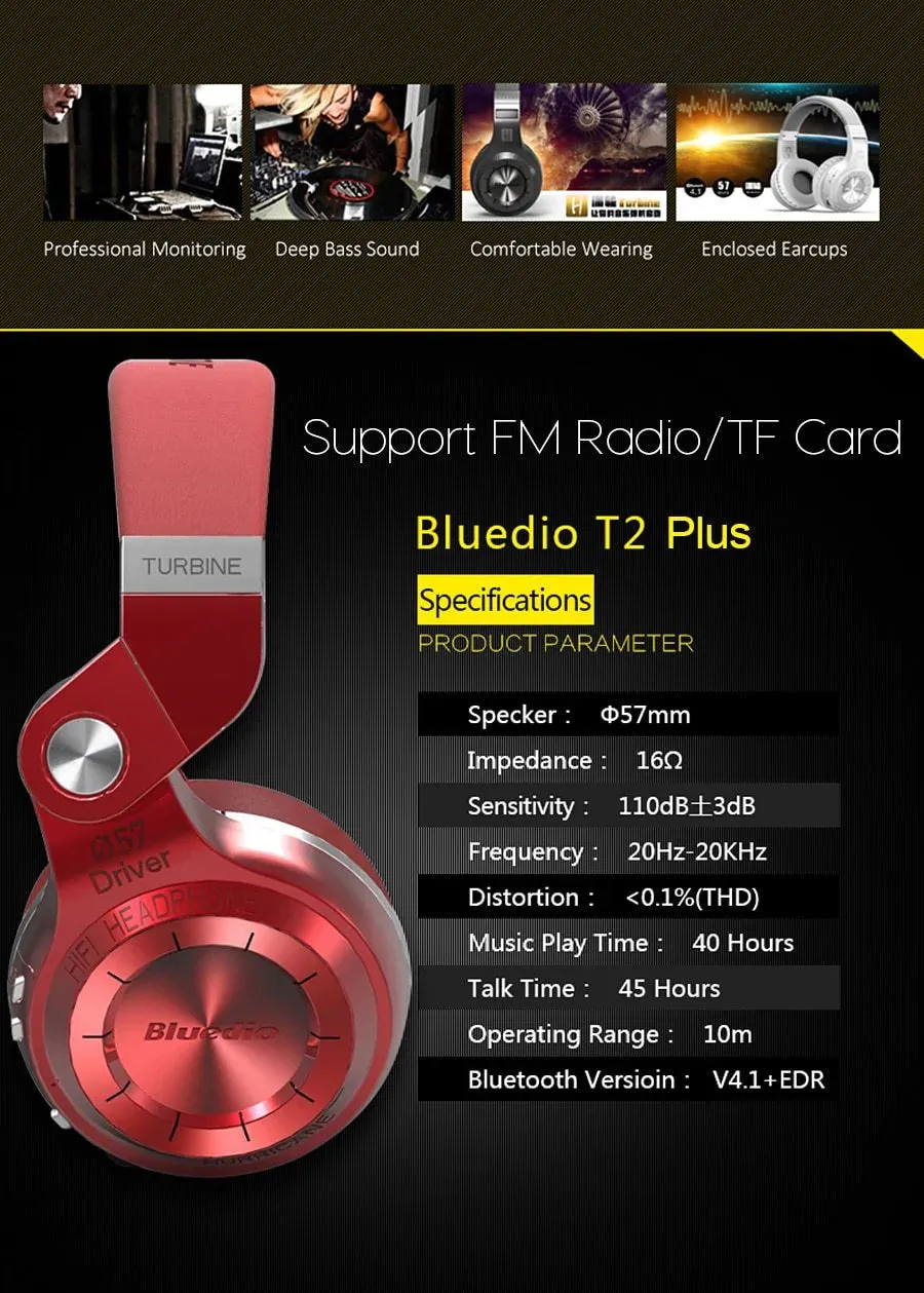 Bluedio T2  Powerful Bass Stereo Bluetooth 5.0 Headphone Wireless Headset Support FM Radio Micro-SD Card Play With Microphone