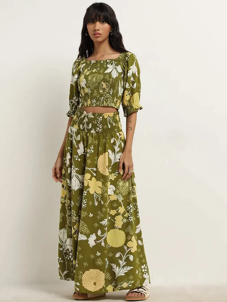 Bombay Paisley Olive Foliage Design High-Rise Skirt