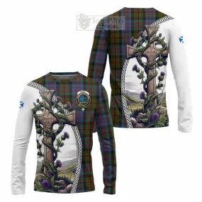 Bowie Tartan Long Sleeve T-Shirt with Family Crest and St. Andrew's Cross Accented by Thistle Vines