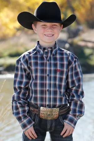 Boys Cinch Long Sleeve Navy Plaid Button Down Shirt - MTW7060325