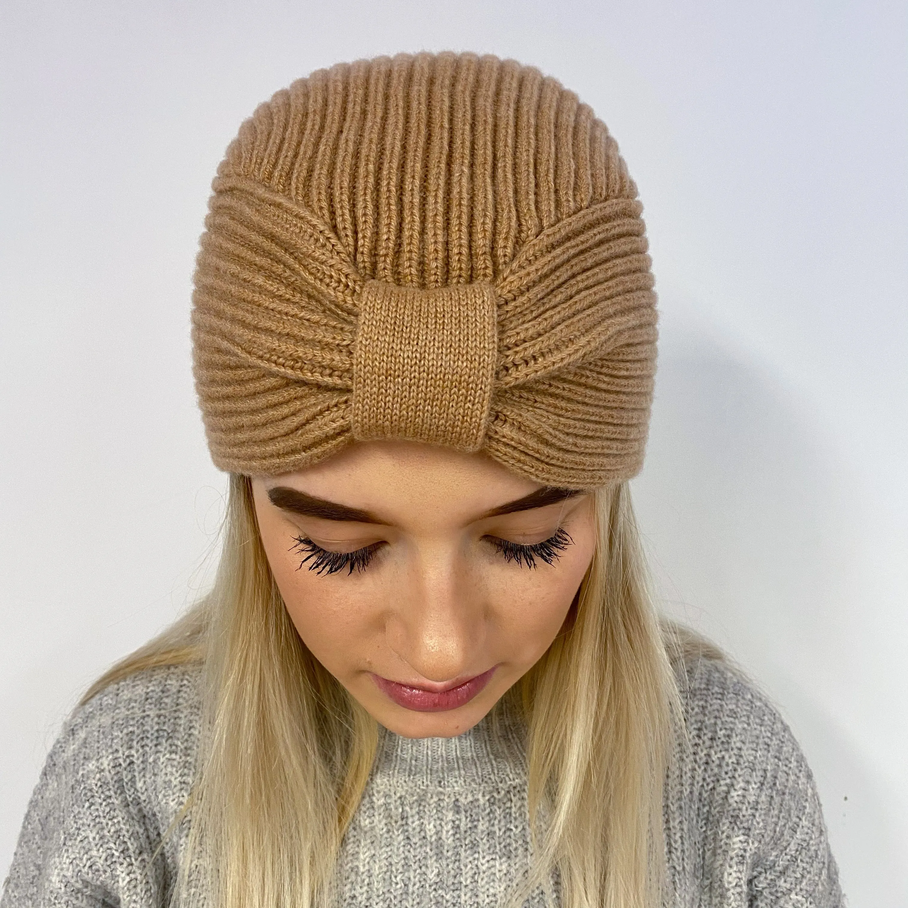 Brand New Caramel Ribbed Knit Turban Beanie Hat One Size