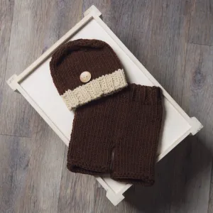 Brown and Beige Knit Newborn Button Hat and Pants Set