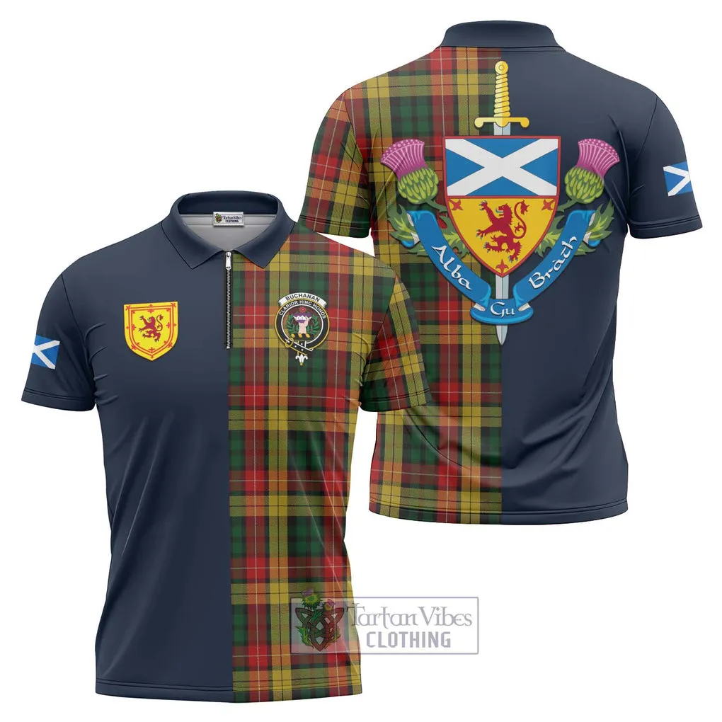 Buchanan Tartan Zipper Polo Shirt Alba with Scottish Lion Royal Arm Half Style