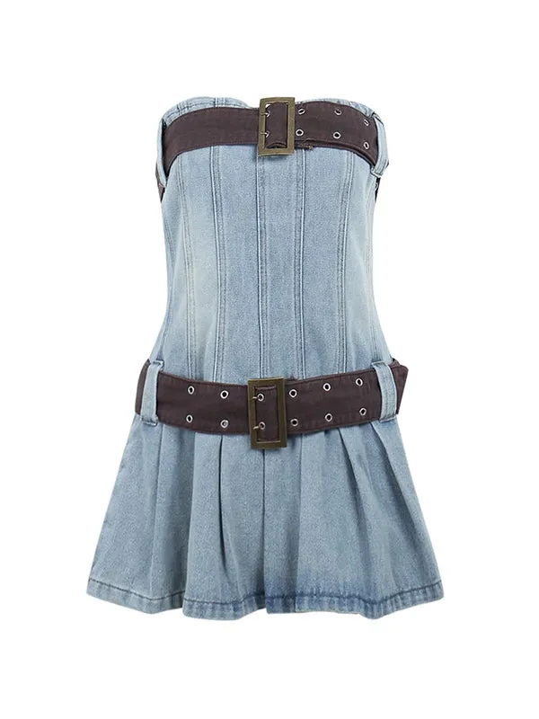 Buckle Belt Strapless Denim Mini Dress