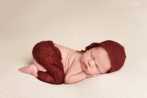 Burgundy Red Mohair Newborn Pants and Hat Set