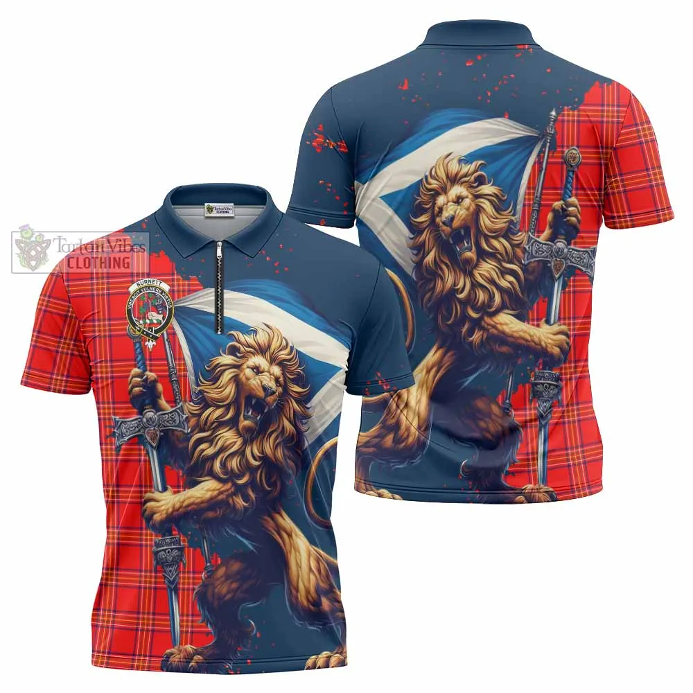 Burnett Tartan Family Crest Zipper Polo Shirt with Scottish Majestic Lion