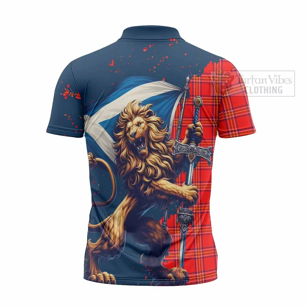 Burnett Tartan Family Crest Zipper Polo Shirt with Scottish Majestic Lion