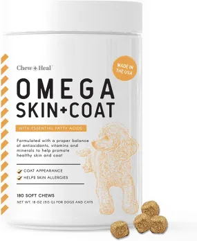 Chew   Heal Salmon Oil for Dogs - 180 Soft Chew Omega Treats for Skin and Coat - Fish Oil Blend of Essential Fatty Acids, Omega 3, 6, and 9, Vitamins, Antioxidants and Minerals - Made in USA