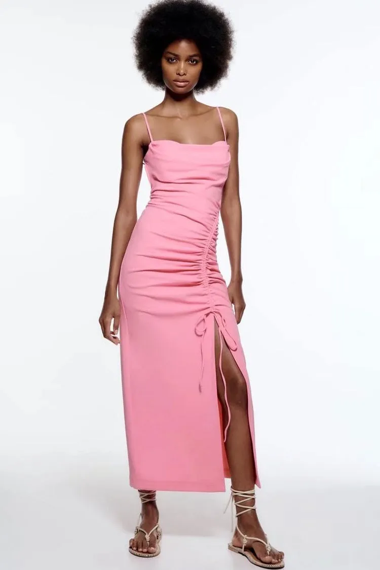 Chic Cowl Neck Tie Side Ruched Trim Split Slip Midi Dress - Pink