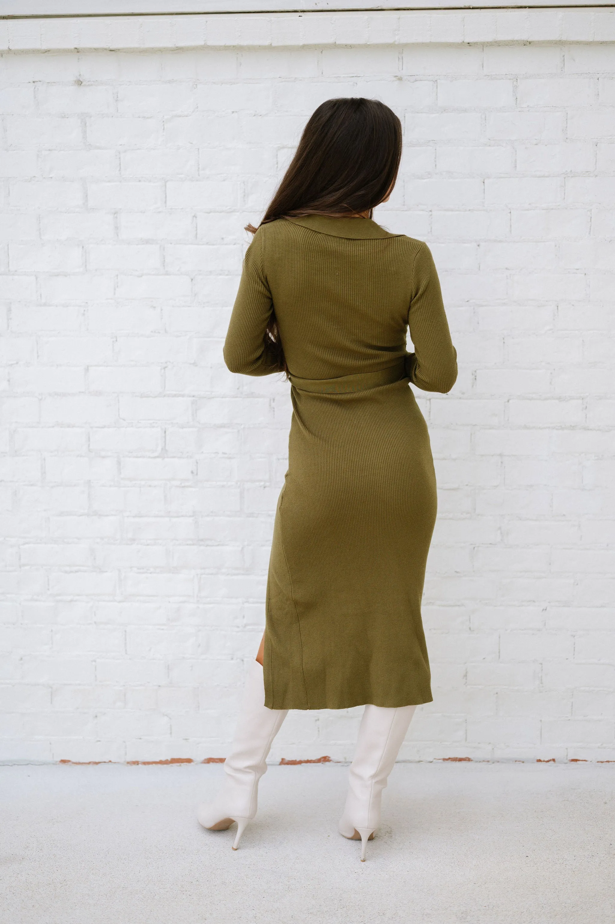 Collared Sweater Knit Midi Dress- Olive