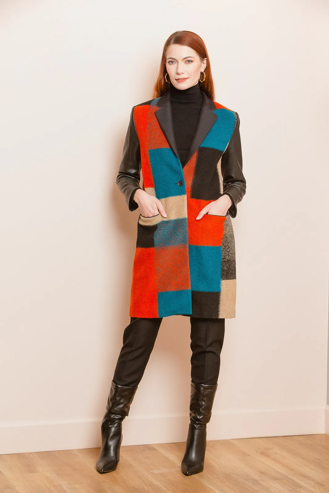 Color Block Wool and Leather Coat