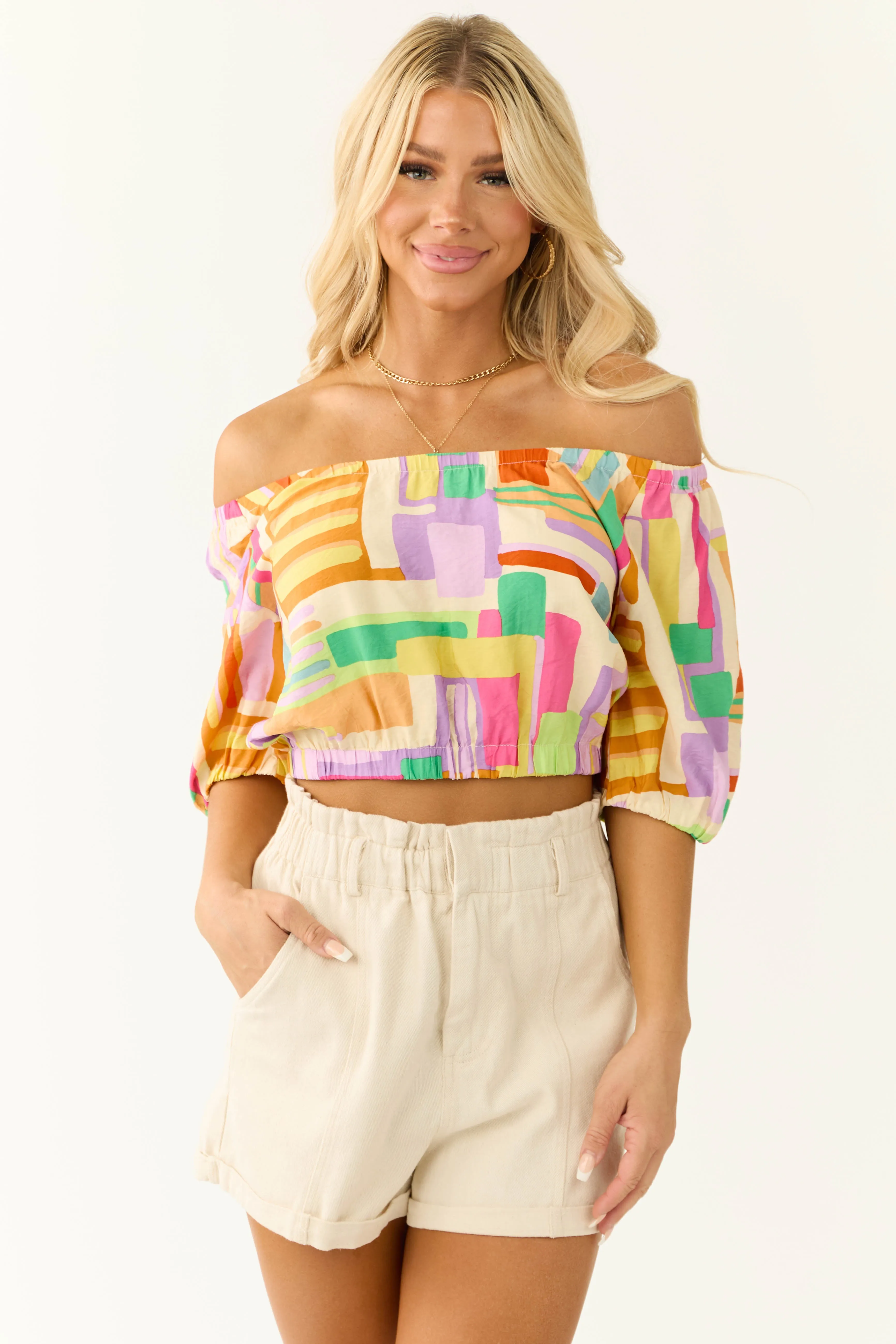 Cream Multicolor Geo Print Crop Top