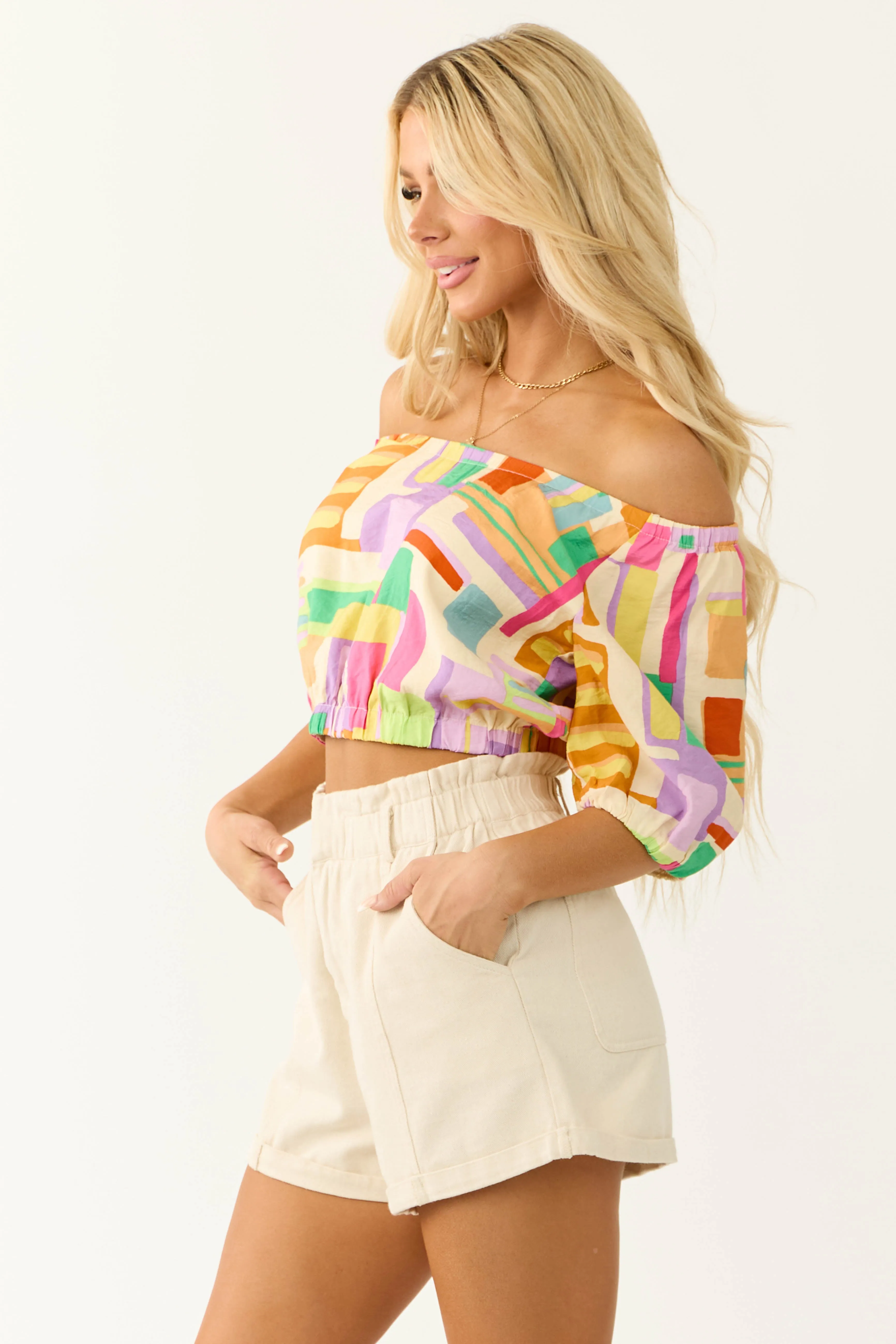 Cream Multicolor Geo Print Crop Top