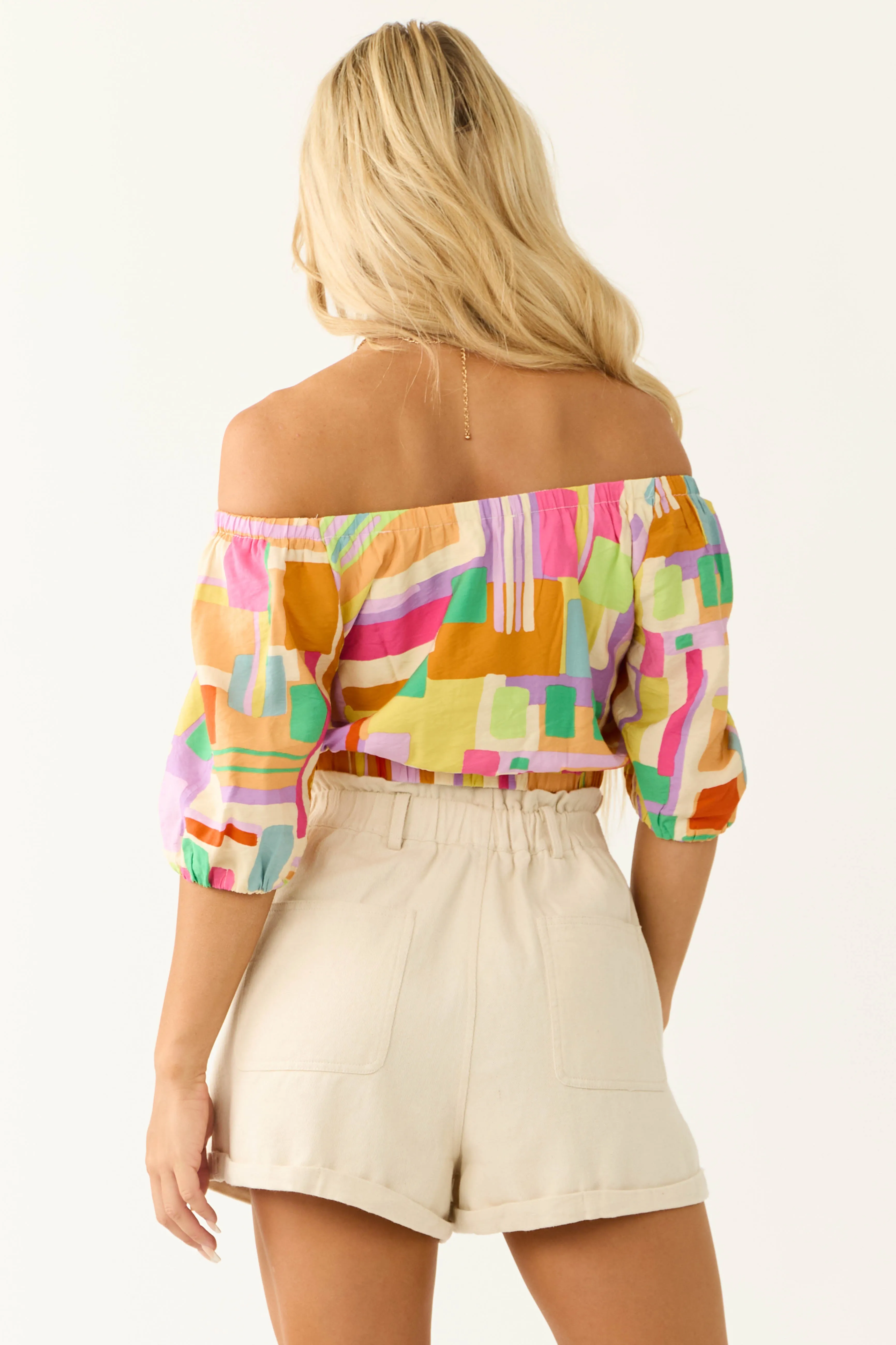 Cream Multicolor Geo Print Crop Top