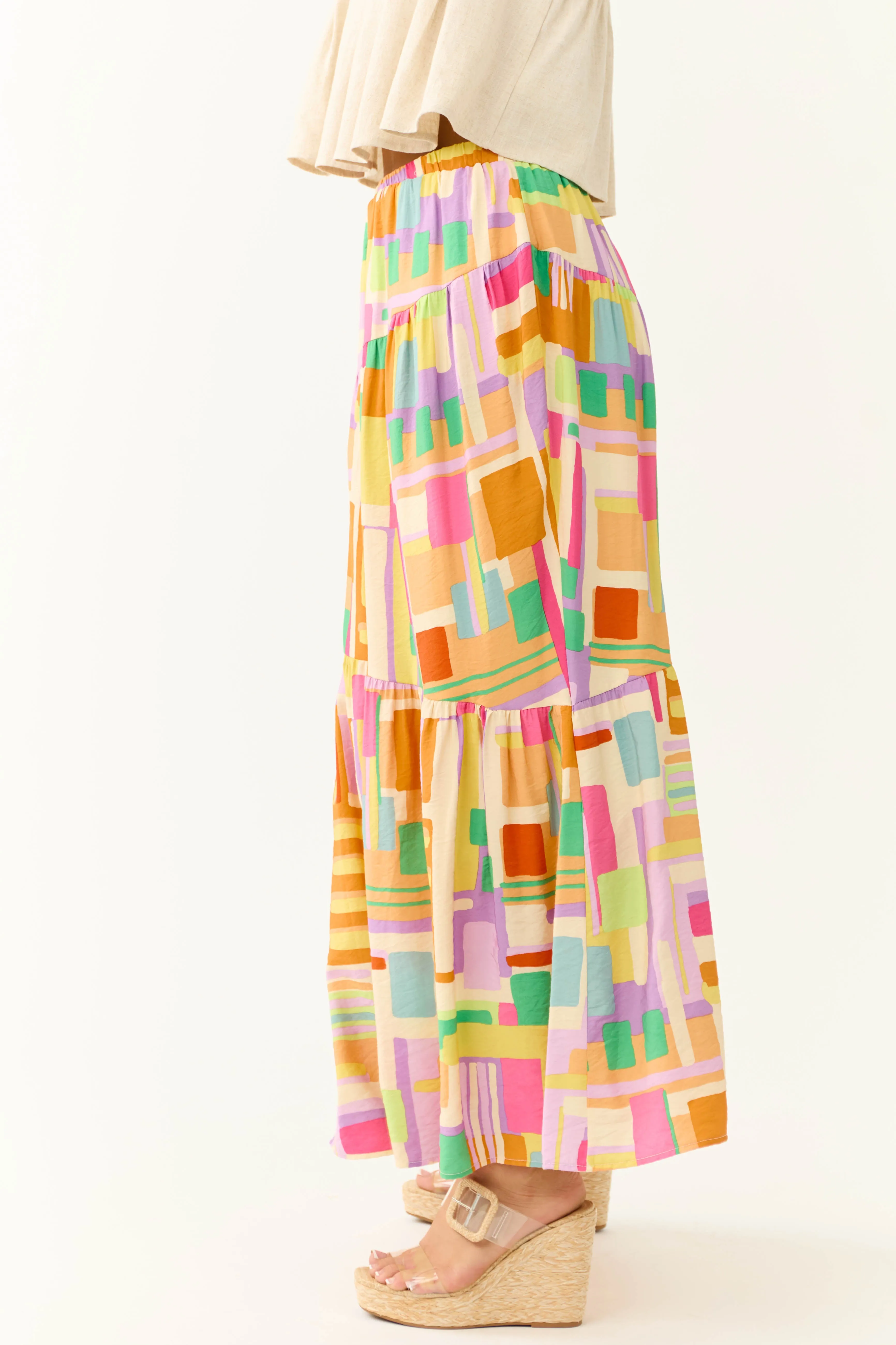 Cream Multicolor Geo Print Maxi Skirt