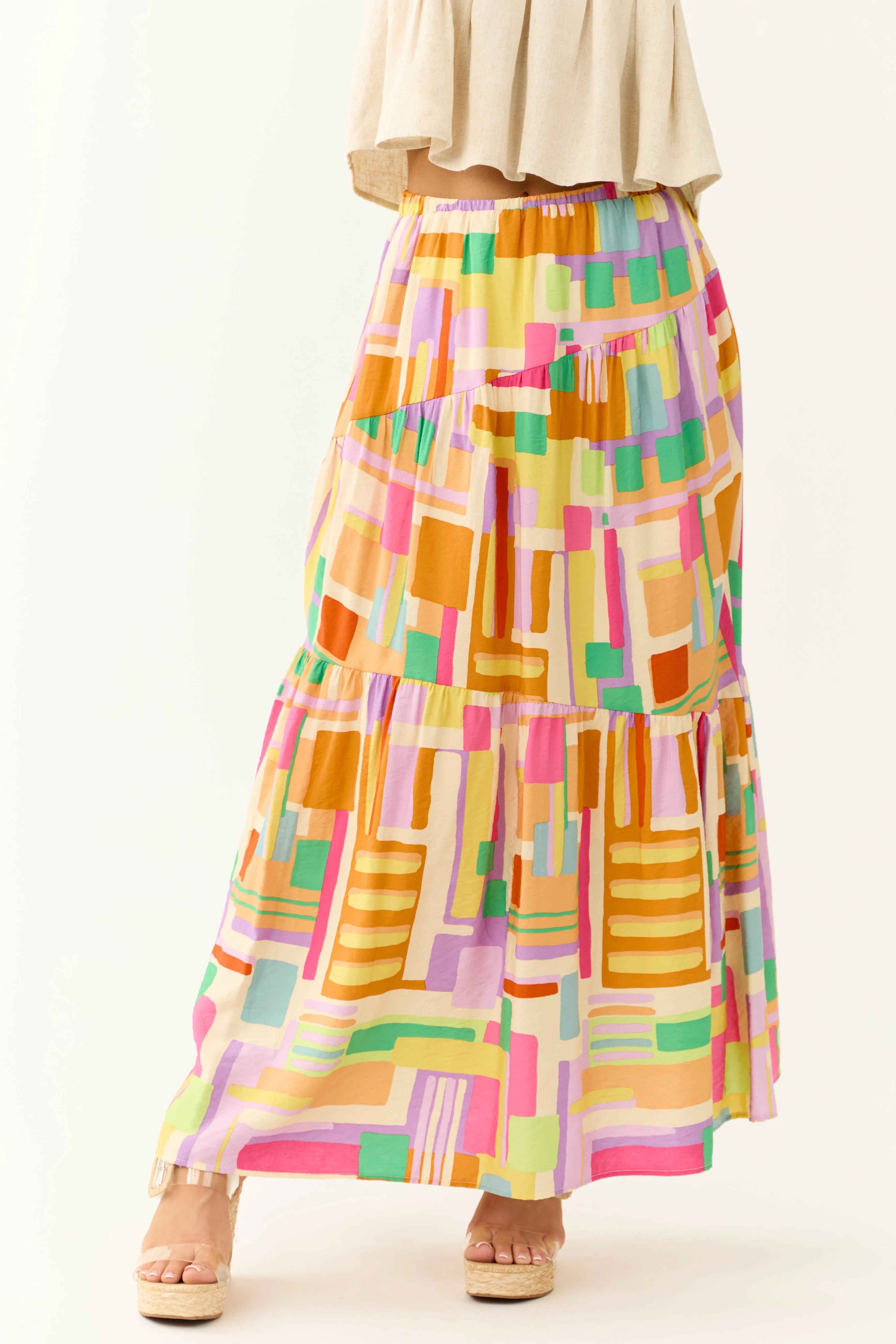 Cream Multicolor Geo Print Maxi Skirt