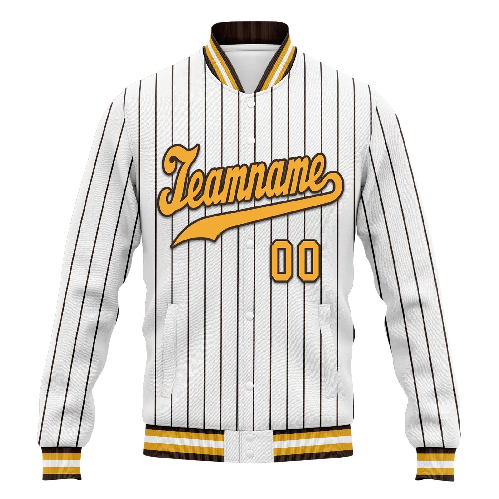 Custom White Brown Stripe Fashion Jacket Bomber Full-Snap Varsity Letterman Personalized Jacket FZ005-D020219-11