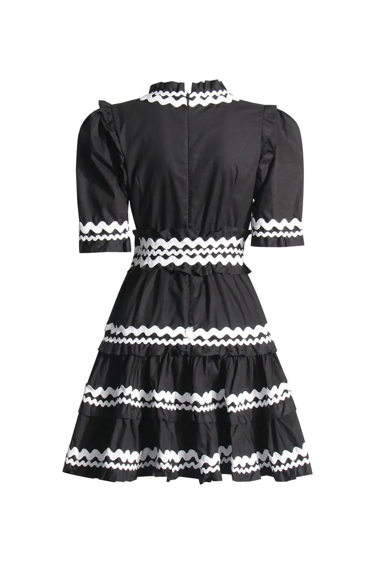 Cute Contrast Ric Rac V Neck Puff Sleeve Belted Ruffle Tiered Mini Dress