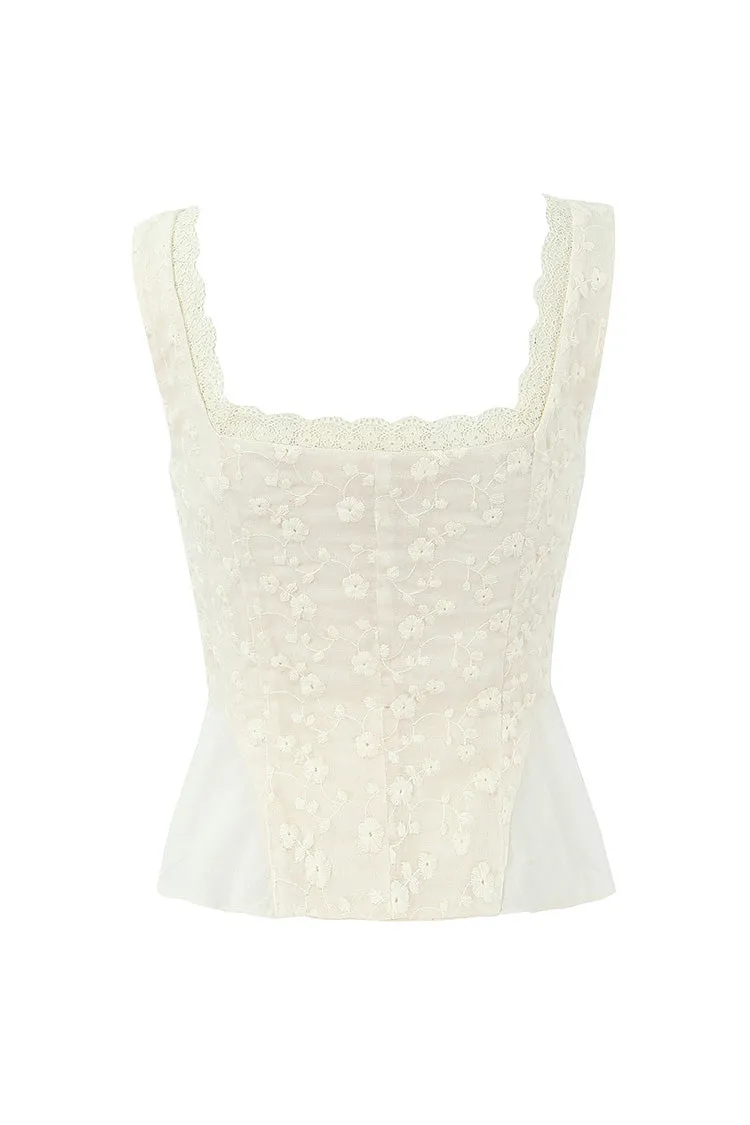 Cute Floral Embroidered Lace Bow Tie Button Up Chiffon Peplum Crop Tank Top