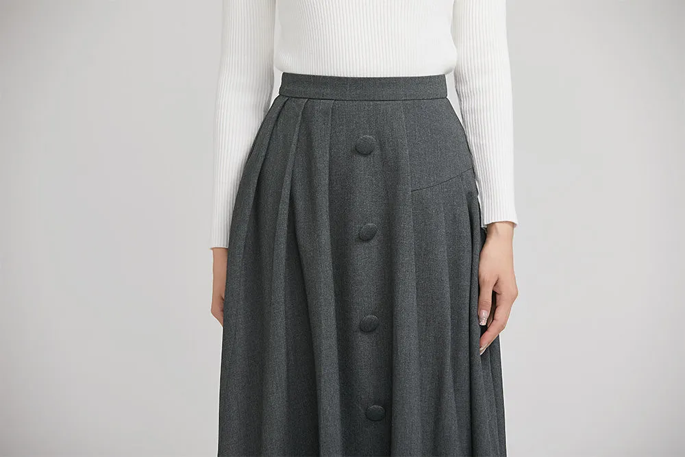 dark grey elegant wool pleated skirt  with button 2246