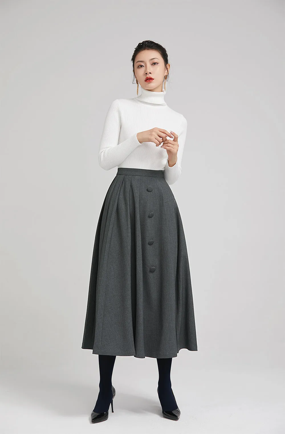 dark grey elegant wool pleated skirt  with button 2246