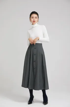 dark grey elegant wool pleated skirt  with button 2246