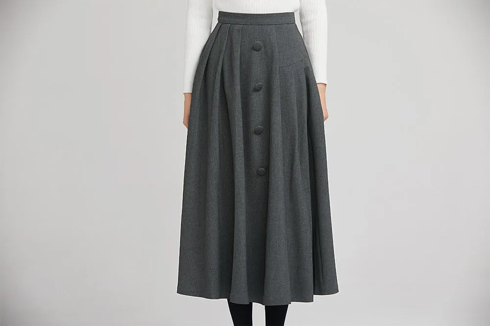 dark grey elegant wool pleated skirt  with button 2246