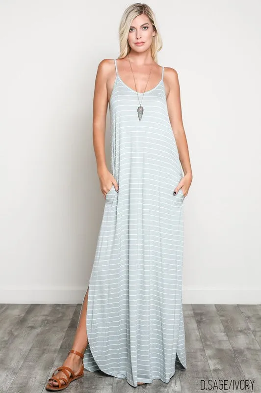 Dark Sage and Ivory Stripe Pocket Maxi Dress