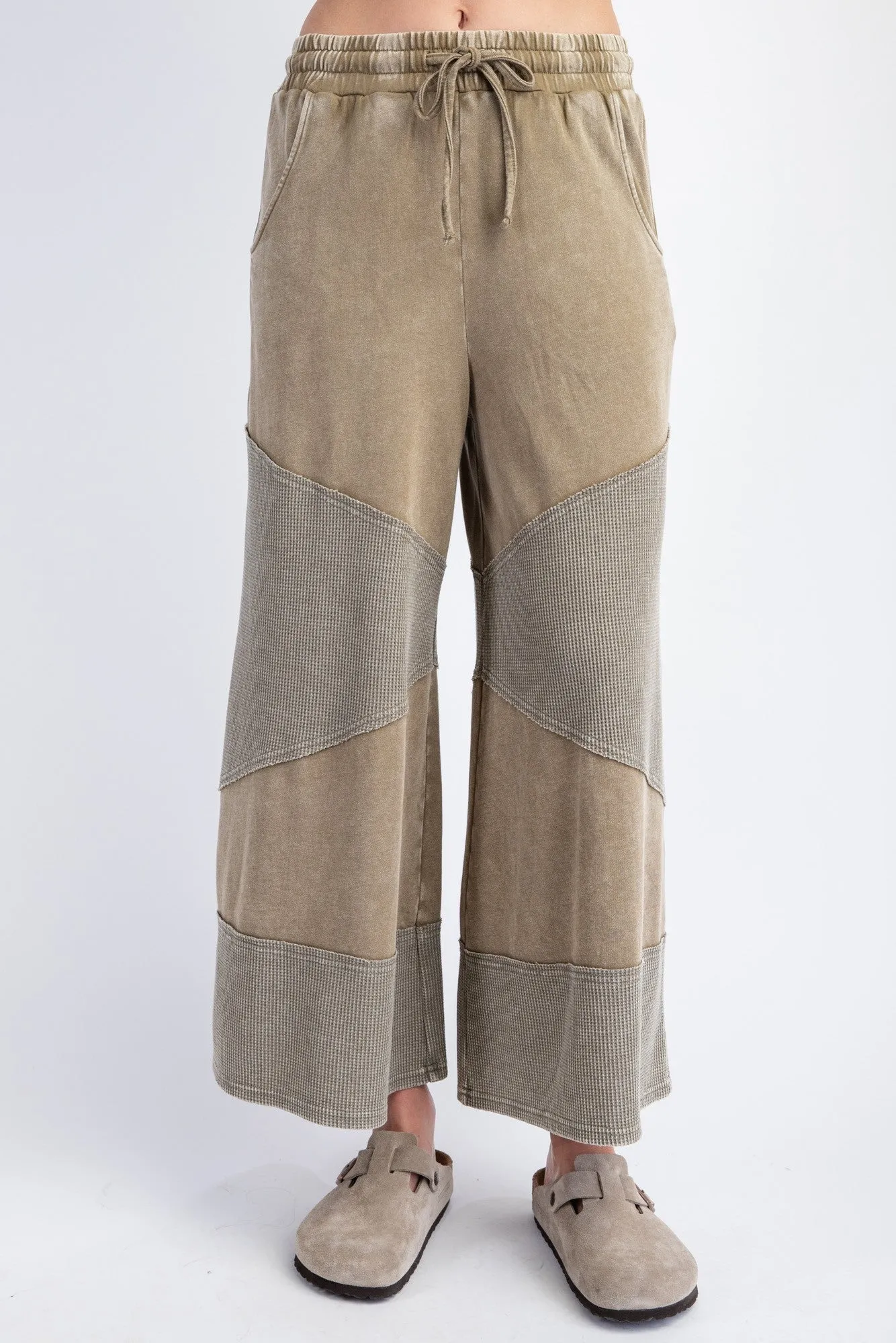 Easel Mixed Thermal Knit and Terry Knit Pants in Faded Olive