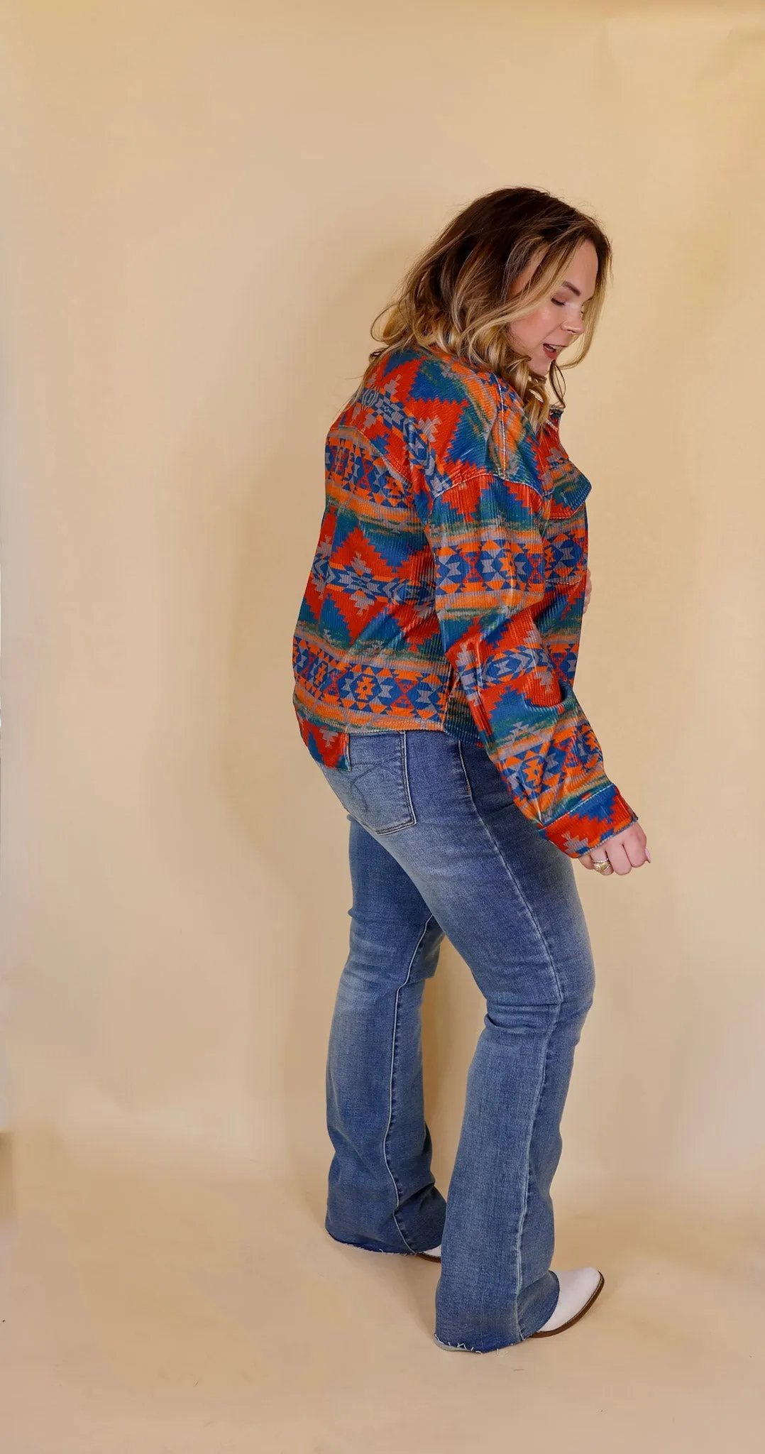 Edgy and Chic Button Up Corduroy Aztec Print Jacket in Red and Blue