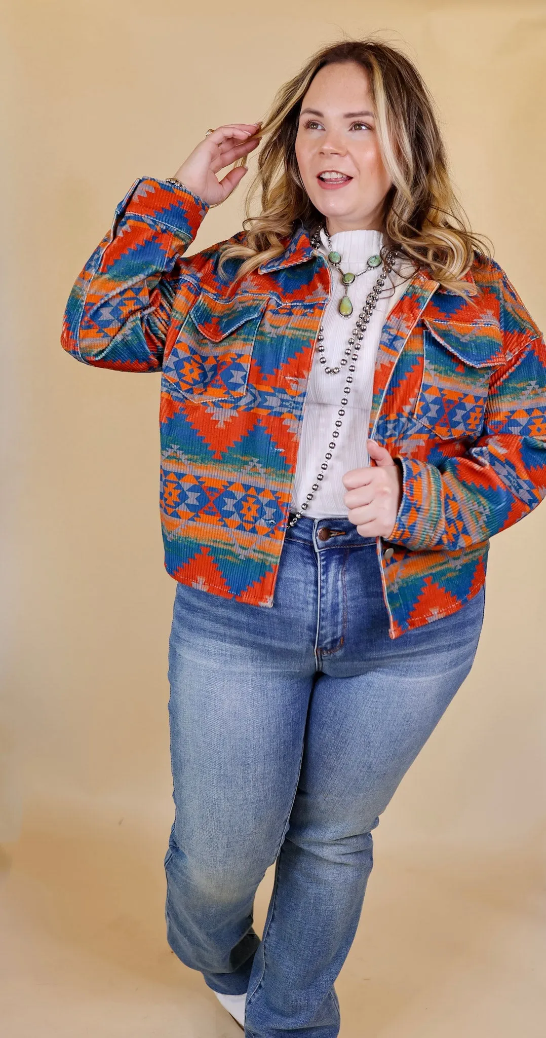 Edgy and Chic Button Up Corduroy Aztec Print Jacket in Red and Blue