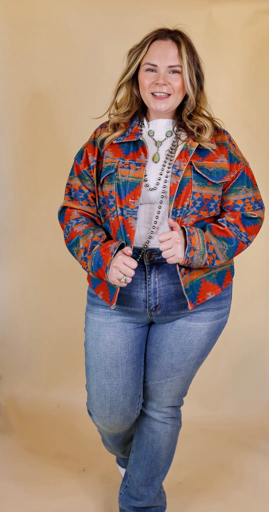 Edgy and Chic Button Up Corduroy Aztec Print Jacket in Red and Blue