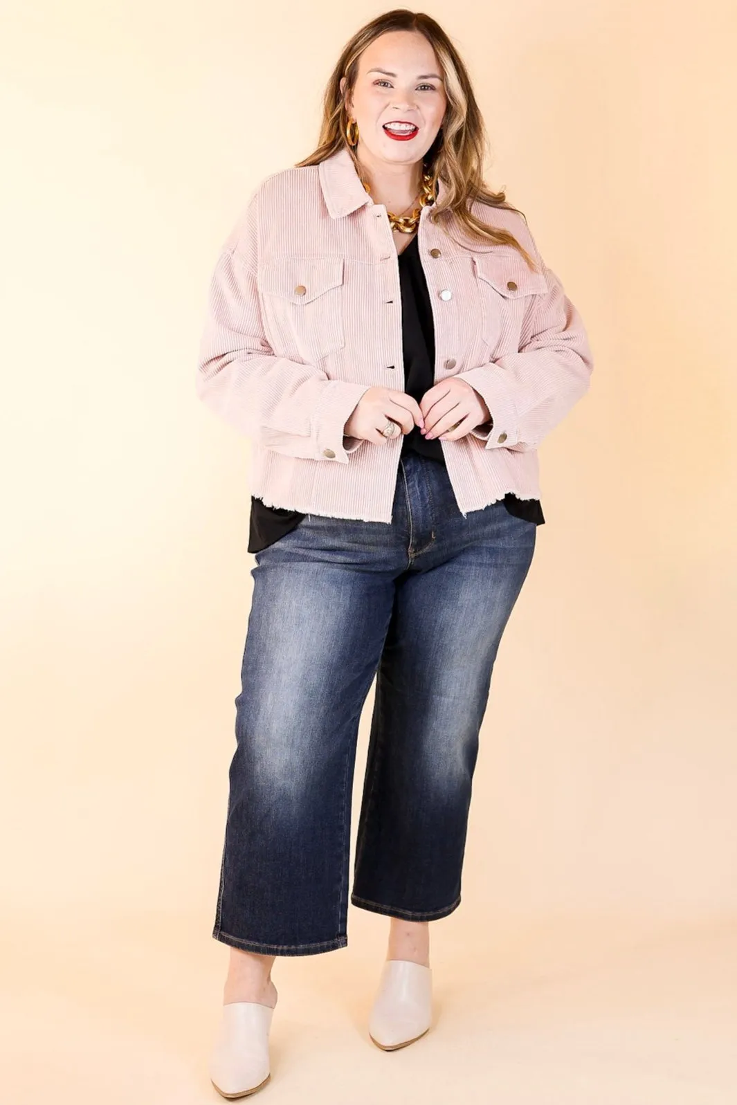 Edgy and Chic Button Up Corduroy Jacket with Raw Hem in Blush Pink