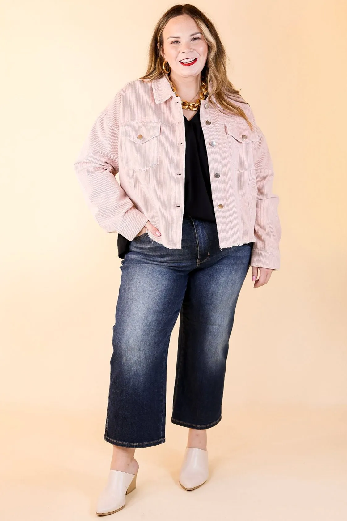 Edgy and Chic Button Up Corduroy Jacket with Raw Hem in Blush Pink