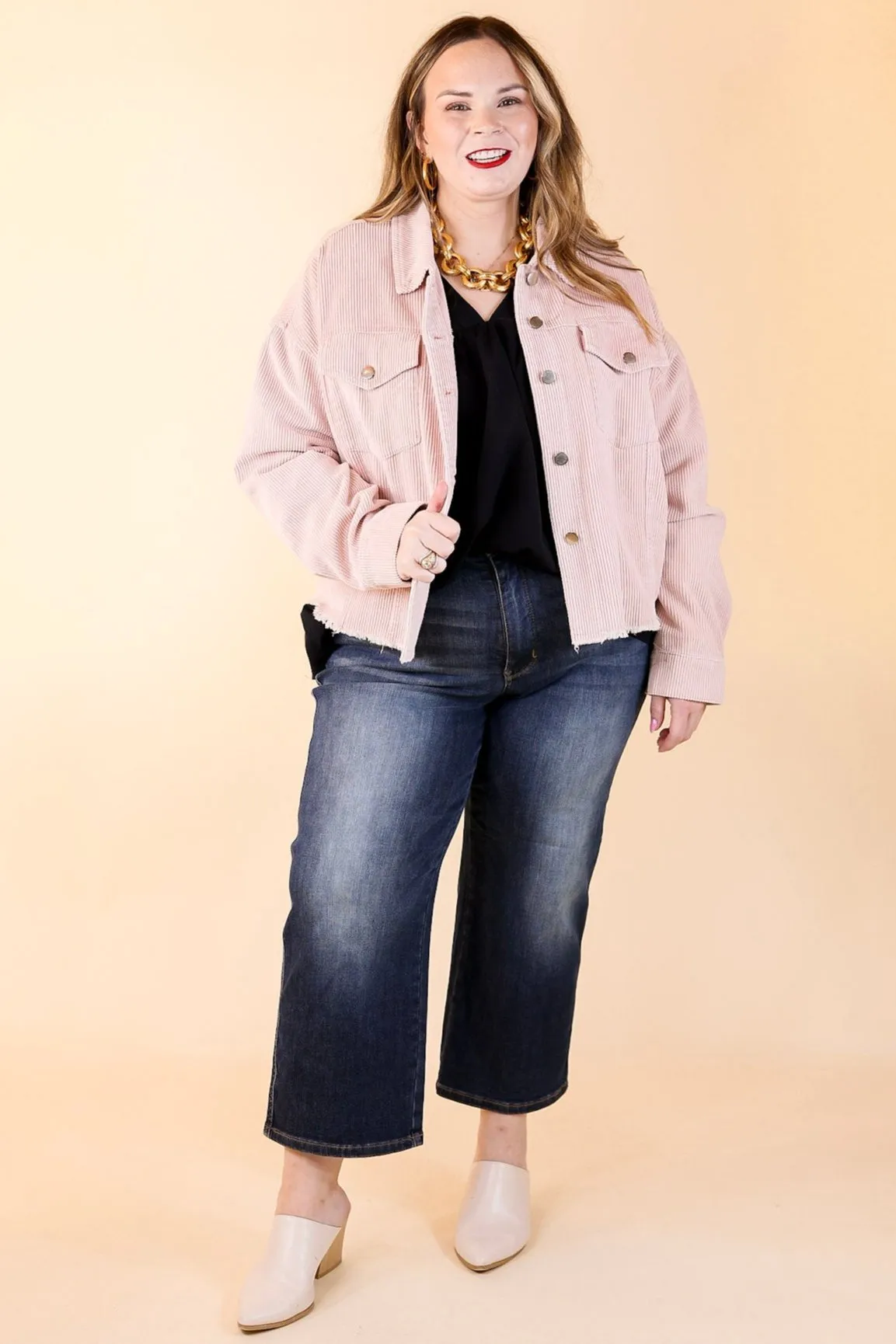 Edgy and Chic Button Up Corduroy Jacket with Raw Hem in Blush Pink