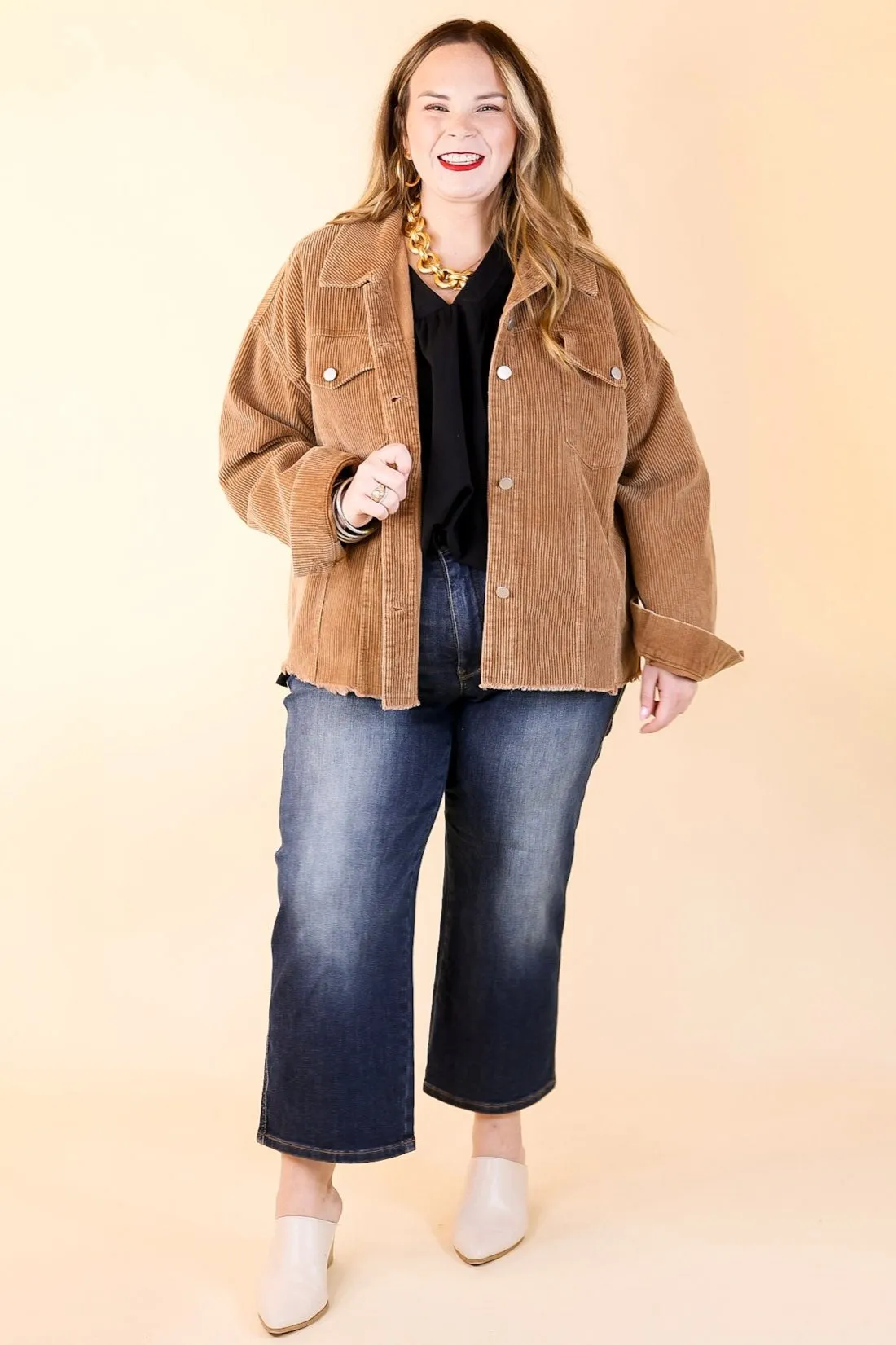 Edgy and Chic Button Up Corduroy Jacket with Raw Hem in Camel Brown