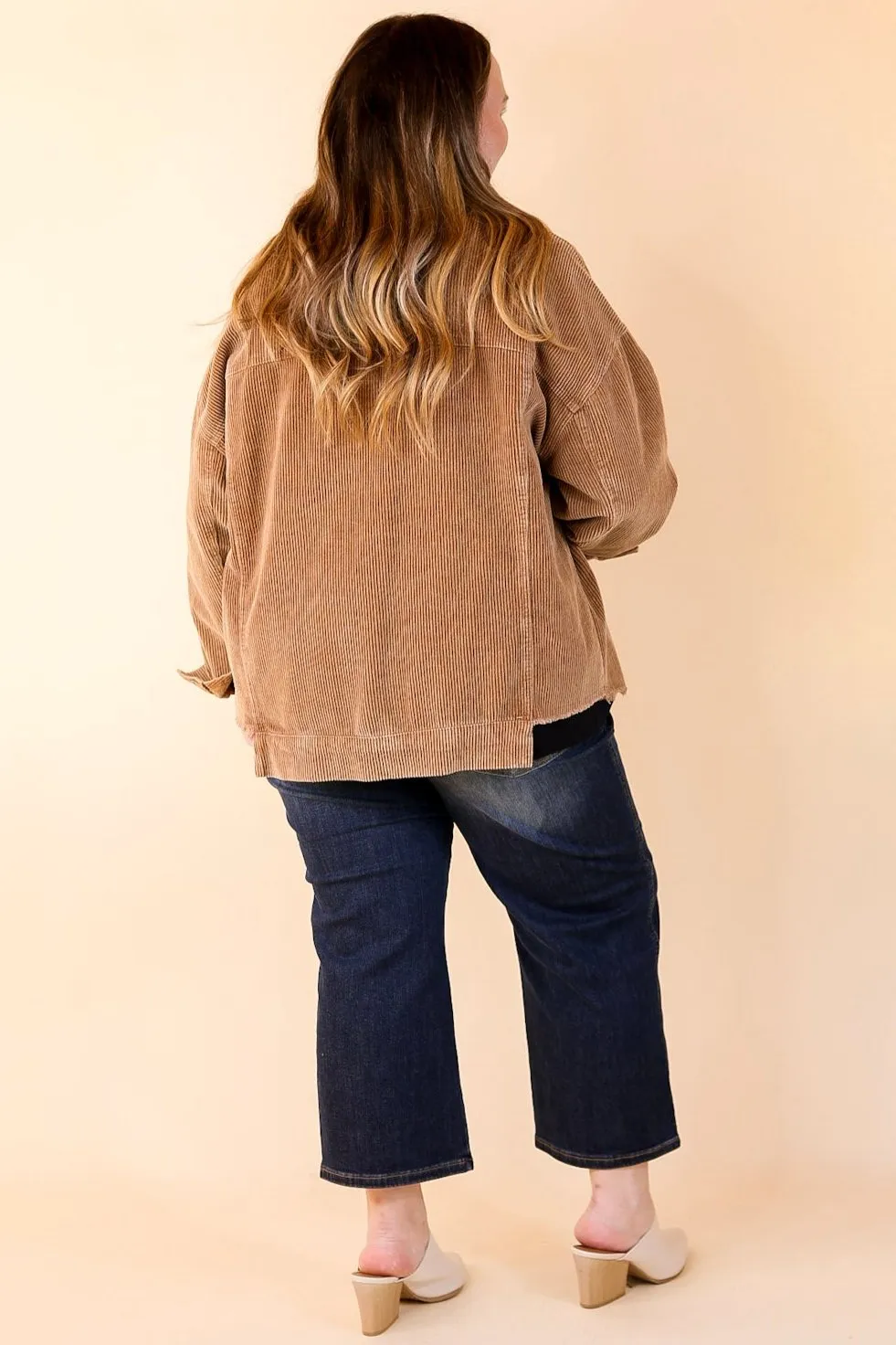 Edgy and Chic Button Up Corduroy Jacket with Raw Hem in Camel Brown