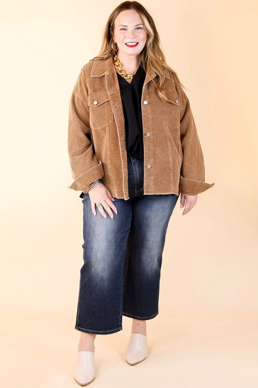 Edgy and Chic Button Up Corduroy Jacket with Raw Hem in Camel Brown