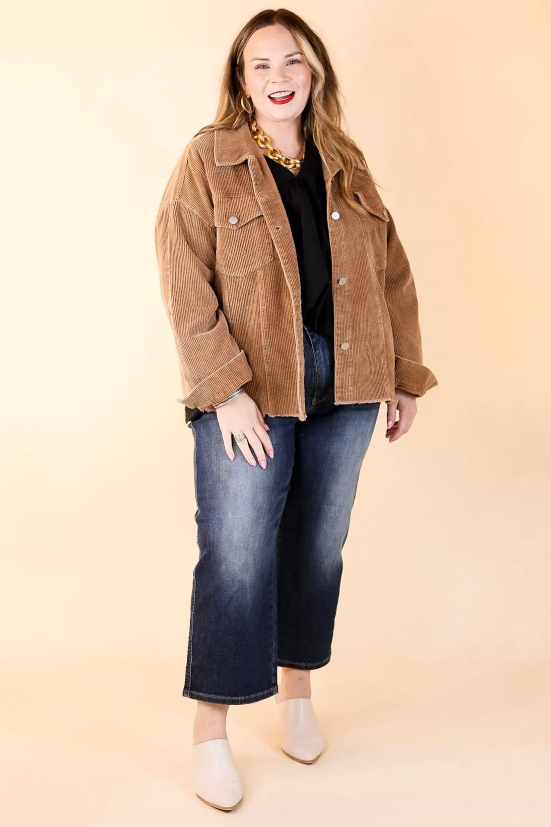 Edgy and Chic Button Up Corduroy Jacket with Raw Hem in Camel Brown