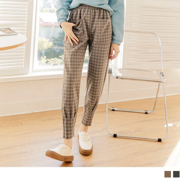 ELASTIC WAIST CHECKED WOOLEN HAREM LONG PANTS