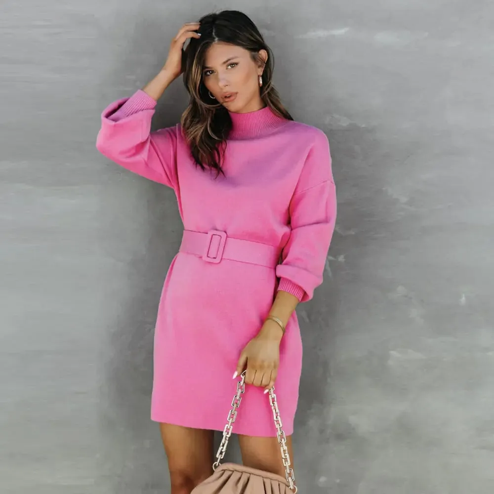 Elegant Turtleneck Sweater Dress with Belt^