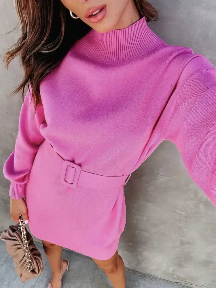 Elegant Turtleneck Sweater Dress with Belt^