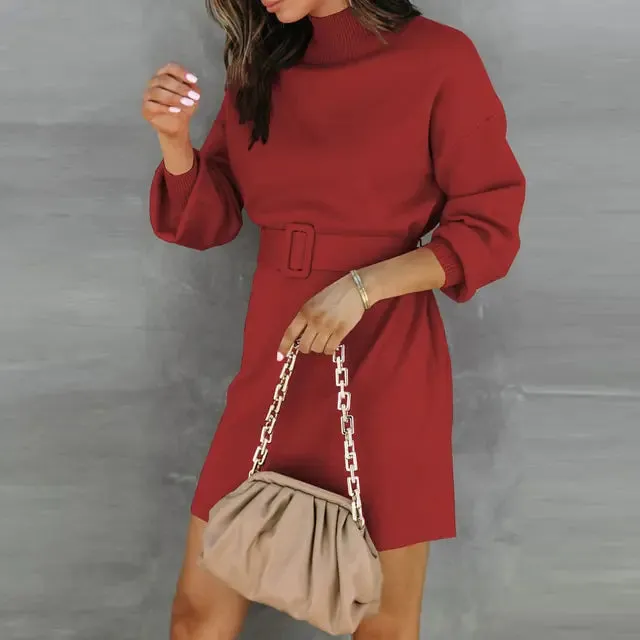 Elegant Turtleneck Sweater Dress with Belt^